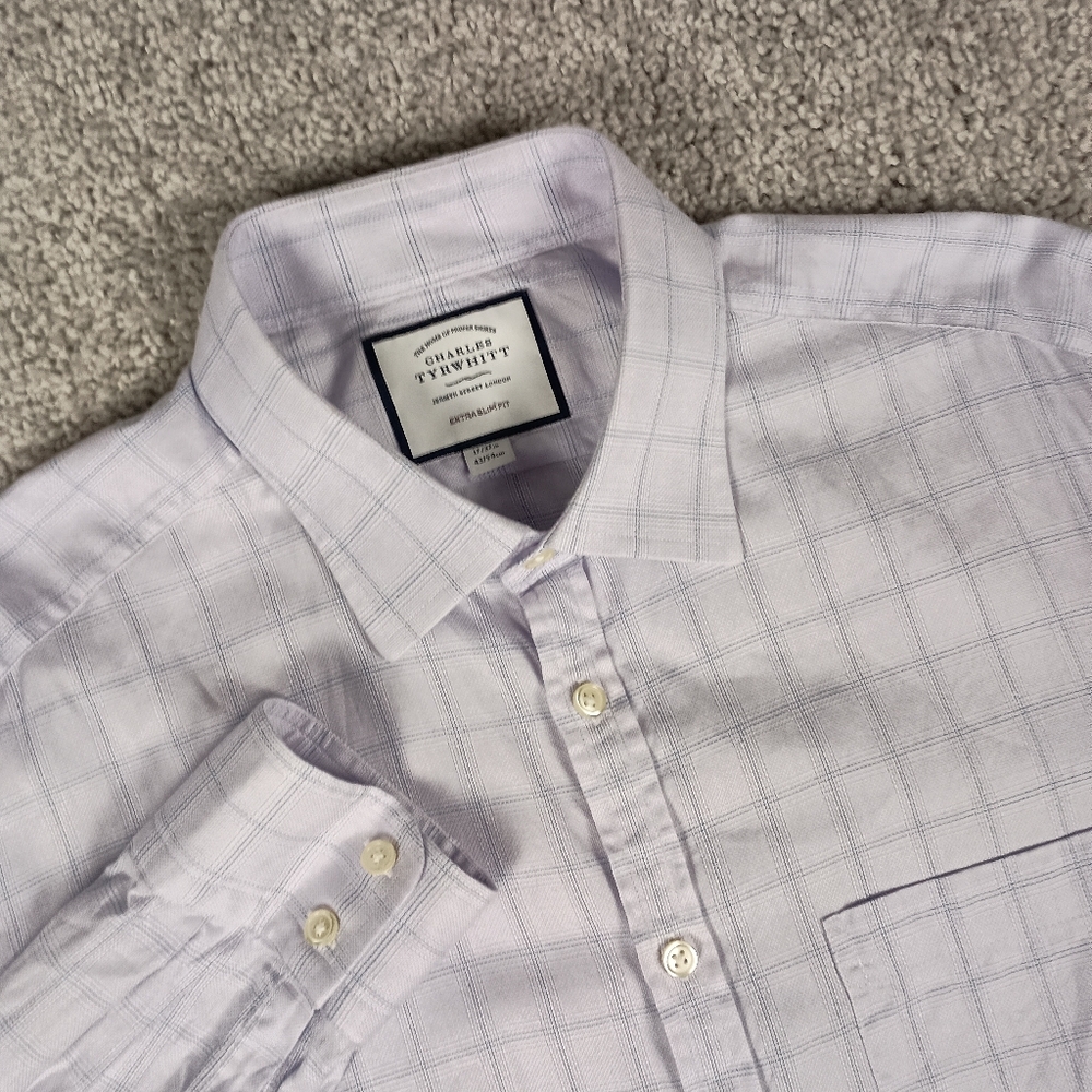 Charles Tyrwhitt Extra‎ Slim Fit 17/37 Windowpane Cotton Mens Long Sleeve Shirt